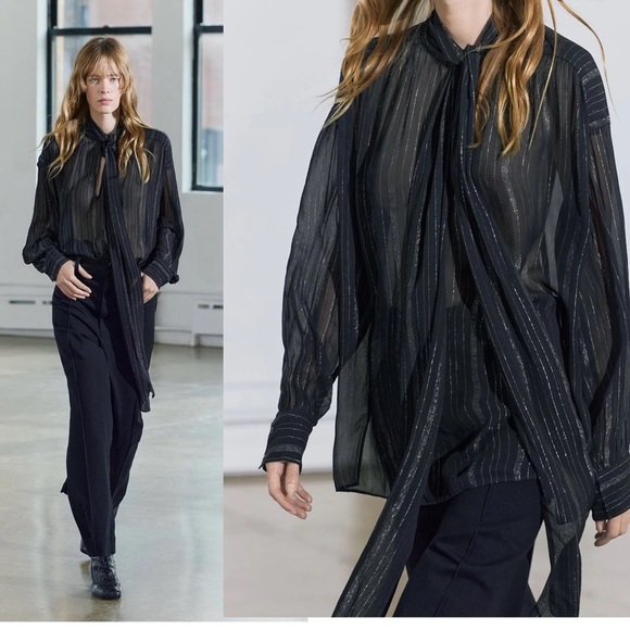 Zara ZW Collection black silver metallic thread chiffon blouse neck tie Sz M NWT - Picture 6 of 14